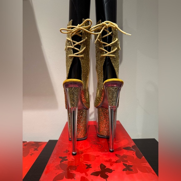 Pleaser Flamingo 1018G Gold Glitter Open Toe Lace Up back Size 7 - Picture 7 of 10